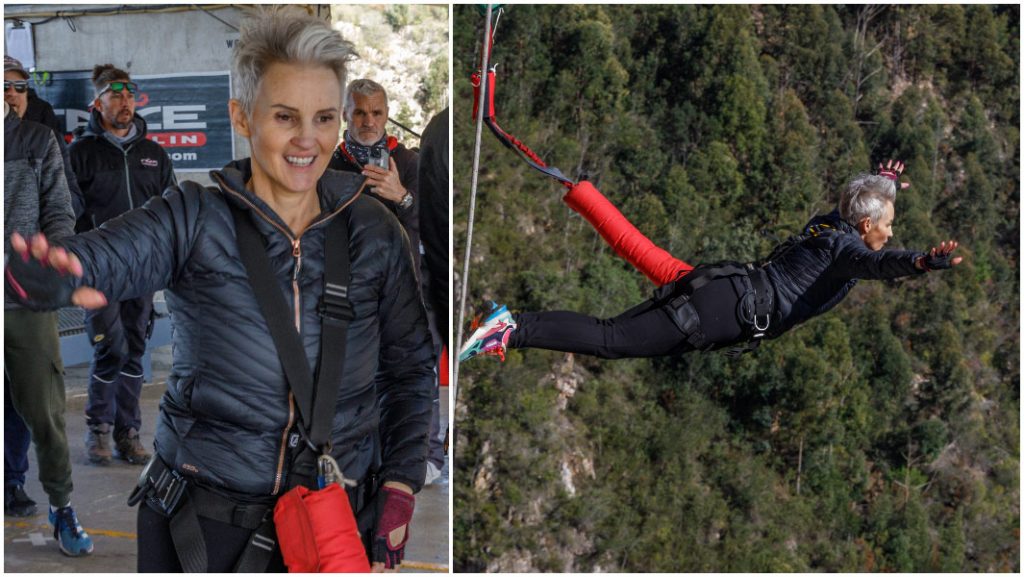 Split image of Linda Potgieter before a bungee jump and during a bungee jump tcm25 725058