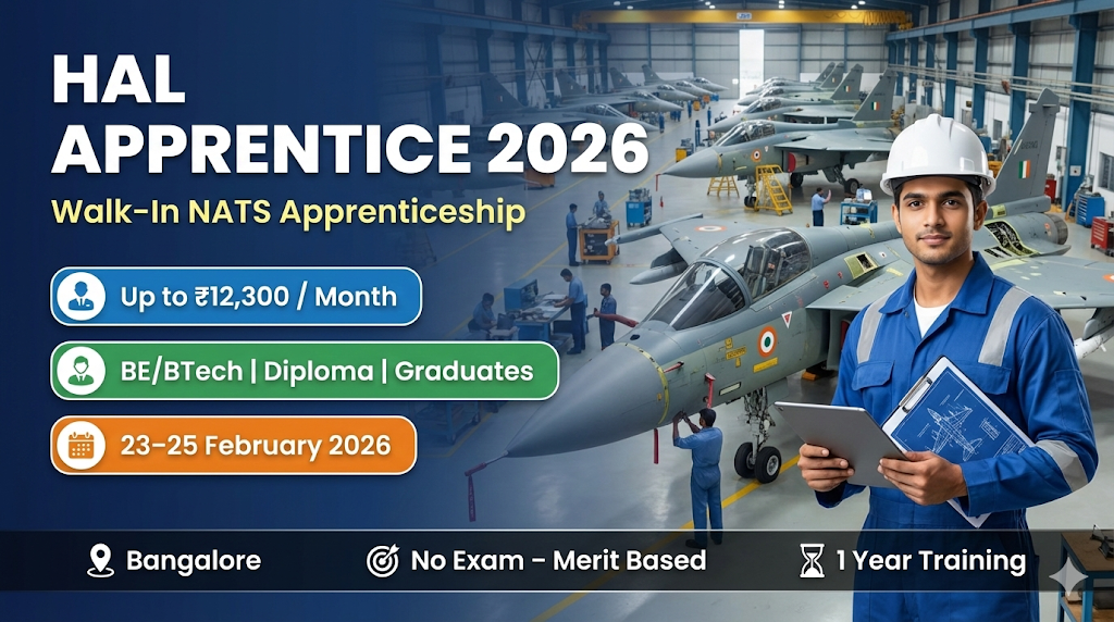 HAL Apprentice Recruitment 2026: Walk-In for NATS Apprenticeship (BE/BTech, Diploma & Graduates) | Stipend Up to ₹12,300