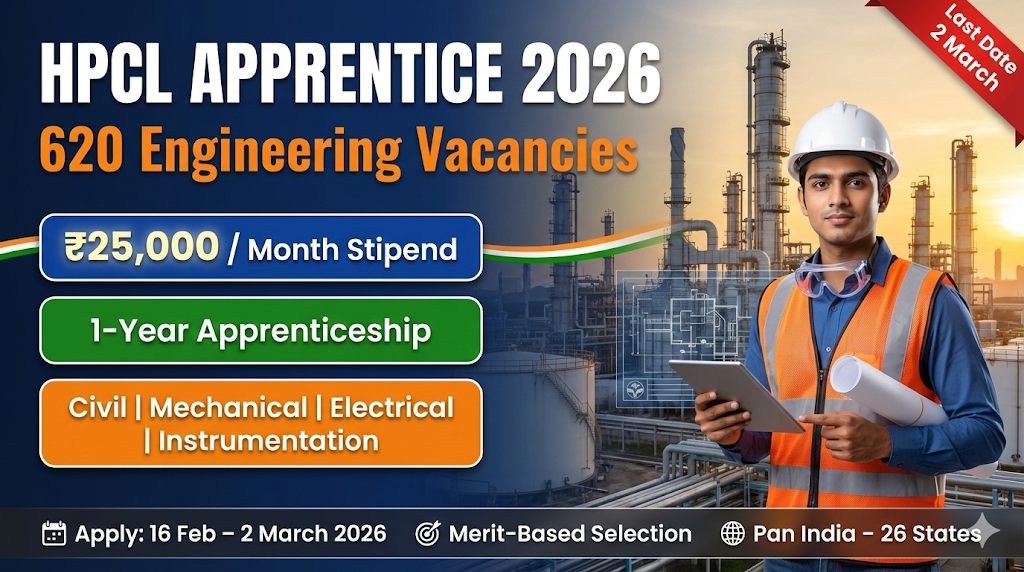HPCL Graduate Apprentice Trainee 2026: Apply Online for 620 Engineering Posts | ₹25,000/Month