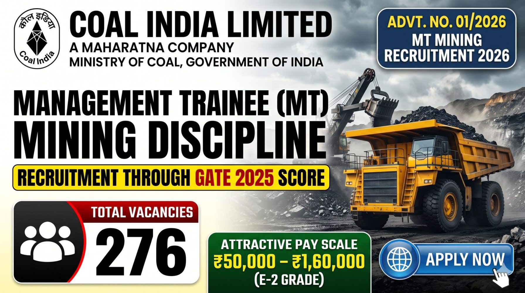 Coal India MT Mining Recruitment 2026 Through GATE Apply Online for 276 Management Trainee Posts