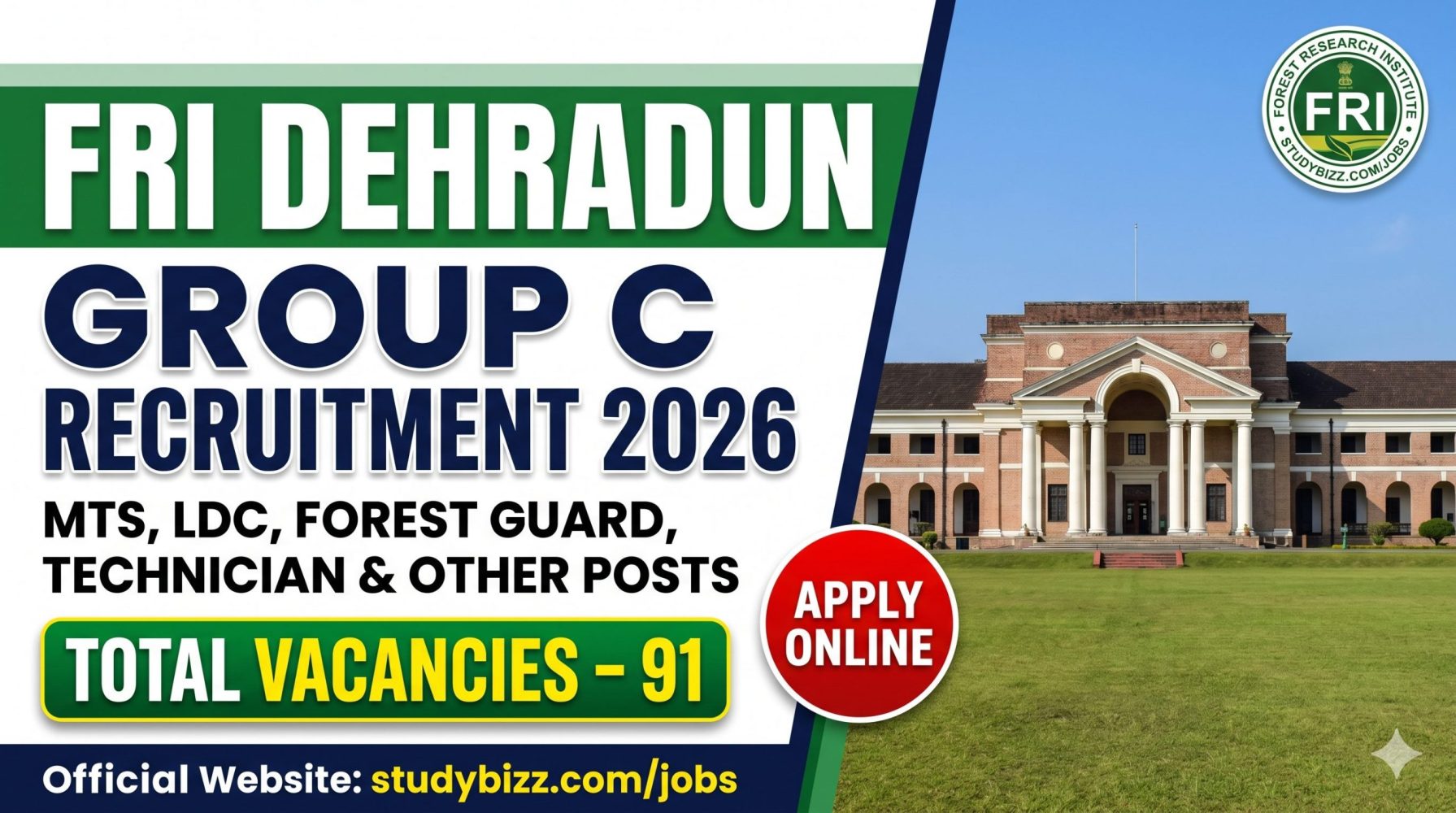 FRI Dehradun Group C Recruitment 2026 Notification Out for 91 Posts, Apply Online for MTS, LDC, Forest Guard & Technician 2 FRI Dehradun Group C Recruitment 2026 Notification Out for 91 Posts, Apply Online for MTS, LDC, Forest Guard & Technician