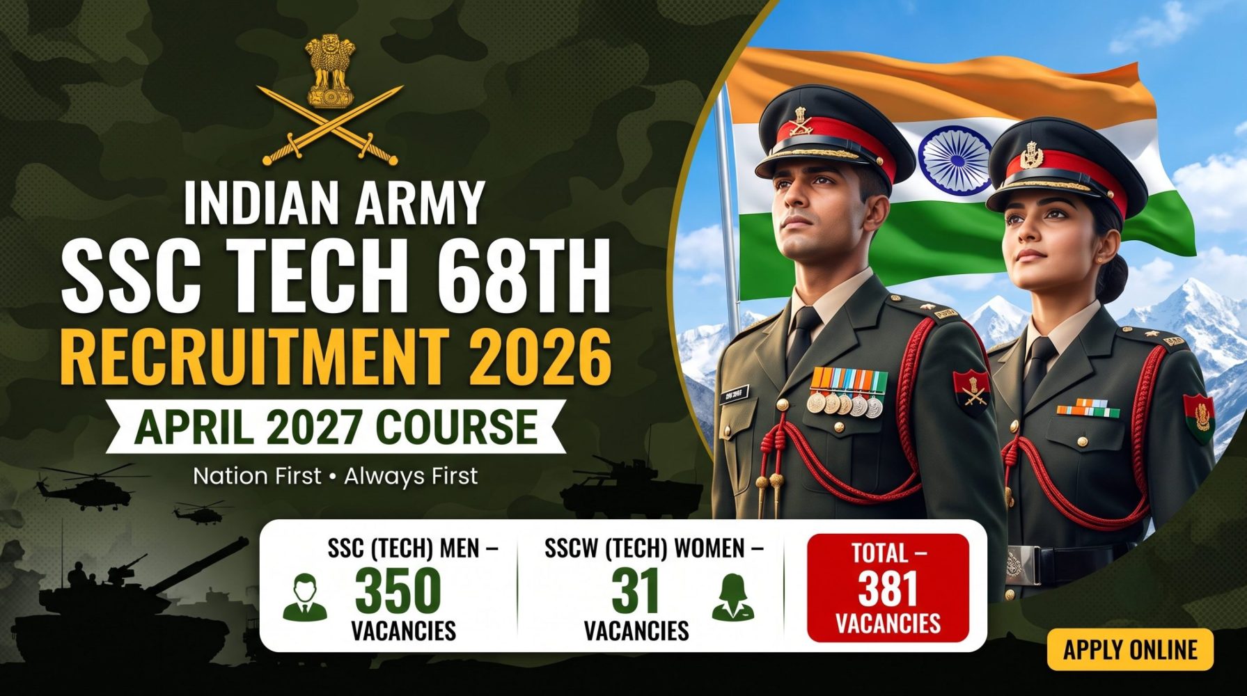 Army SSC Tech 68th Recruitment 2026: Apply Online for 381 SSC (Tech) Men & Women Posts | April 2027 Course