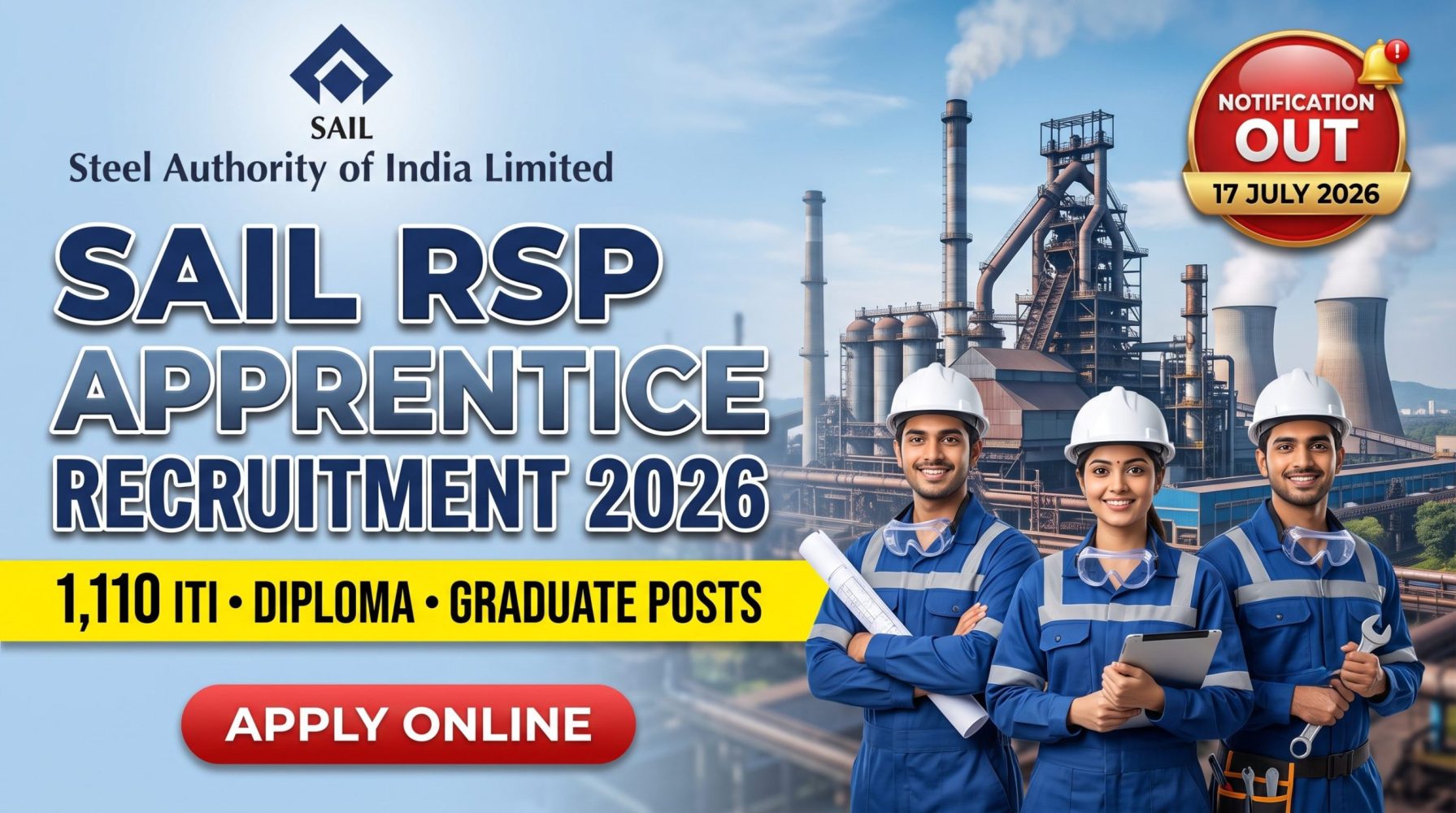 SAIL RSP Apprentice Recruitment 2026 Notification Out for 1,110 ITI, Diploma & Graduate Apprentice Posts – Check Eligibility, Stipend, Selection Process & Apply Online 3 SAIL RSP Apprentice Recruitment 2026 Notification Out for 1,110 ITI, Diploma & Graduate Apprentice Posts – Check Eligibility, Stipend, Selection Process & Apply Online