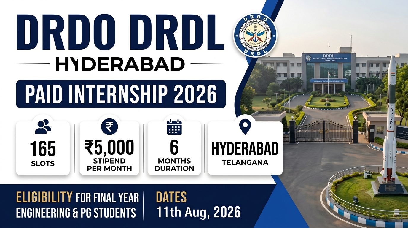 DRDO DRDL Hyderabad Paid Internship 2026: 165 Slots, ₹5,000 Stipend, Eligibility, Apply Online Details 2 DRDO DRDL Hyderabad Paid Internship 2026: 165 Slots, ₹5,000 Stipend, Eligibility, Apply Online Details