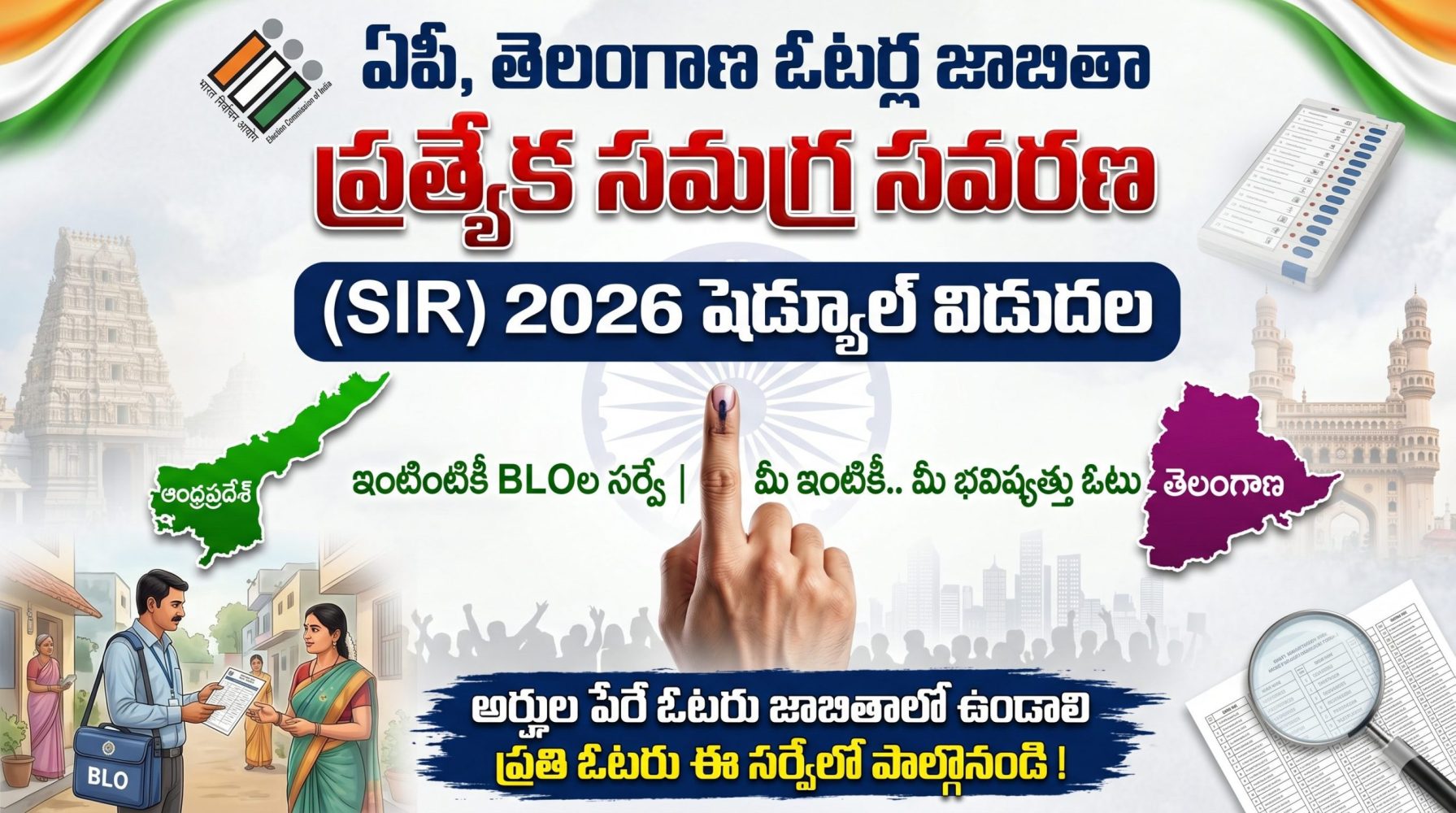ఏపీ, తెలంగాణ ఓటర్ల జాబితా ప్రత్యేక సమగ్ర సవరణ (SIR) 2026 షెడ్యూల్ విడుదల– ఇంటింటికీ BLOల సర్వే, కీలక తేదీలు ఇవే!