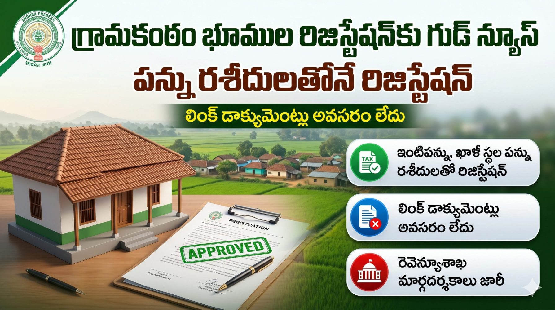 గ్రామకంఠం భూముల రిజిస్ట్రేషన్కు గుడ్ న్యూస్.. పన్ను రశీదులతోనే రిజిస్ట్రేషన్, లింక్ డాక్యుమెంట్లు అవసరం లేదు గ్రామకంఠం భూముల రిజిస్ట్రేషన్కు గుడ్ న్యూస్.. పన్ను రశీదులతోనే రిజిస్ట్రేషన్, లింక్ డాక్యుమెంట్లు అవసరం లేదు