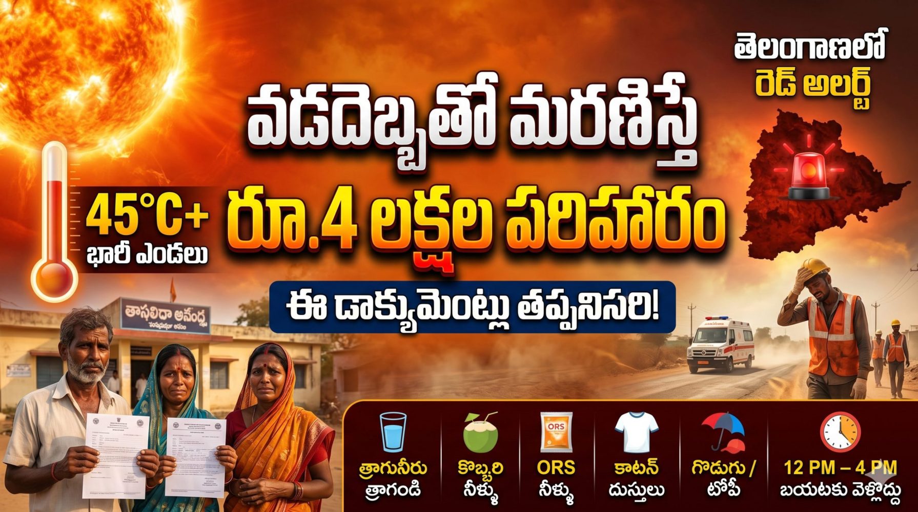 తెలంగాణలో వడదెబ్బ ముప్పు.. మరణిస్తే రూ.4 లక్షల పరిహారం.. ఇలా దరఖాస్తు చేసుకోవాలి! తెలంగాణలో వడదెబ్బ ముప్పు.. మరణిస్తే రూ.4 లక్షల పరిహారం.. ఇలా దరఖాస్తు చేసుకోవాలి!