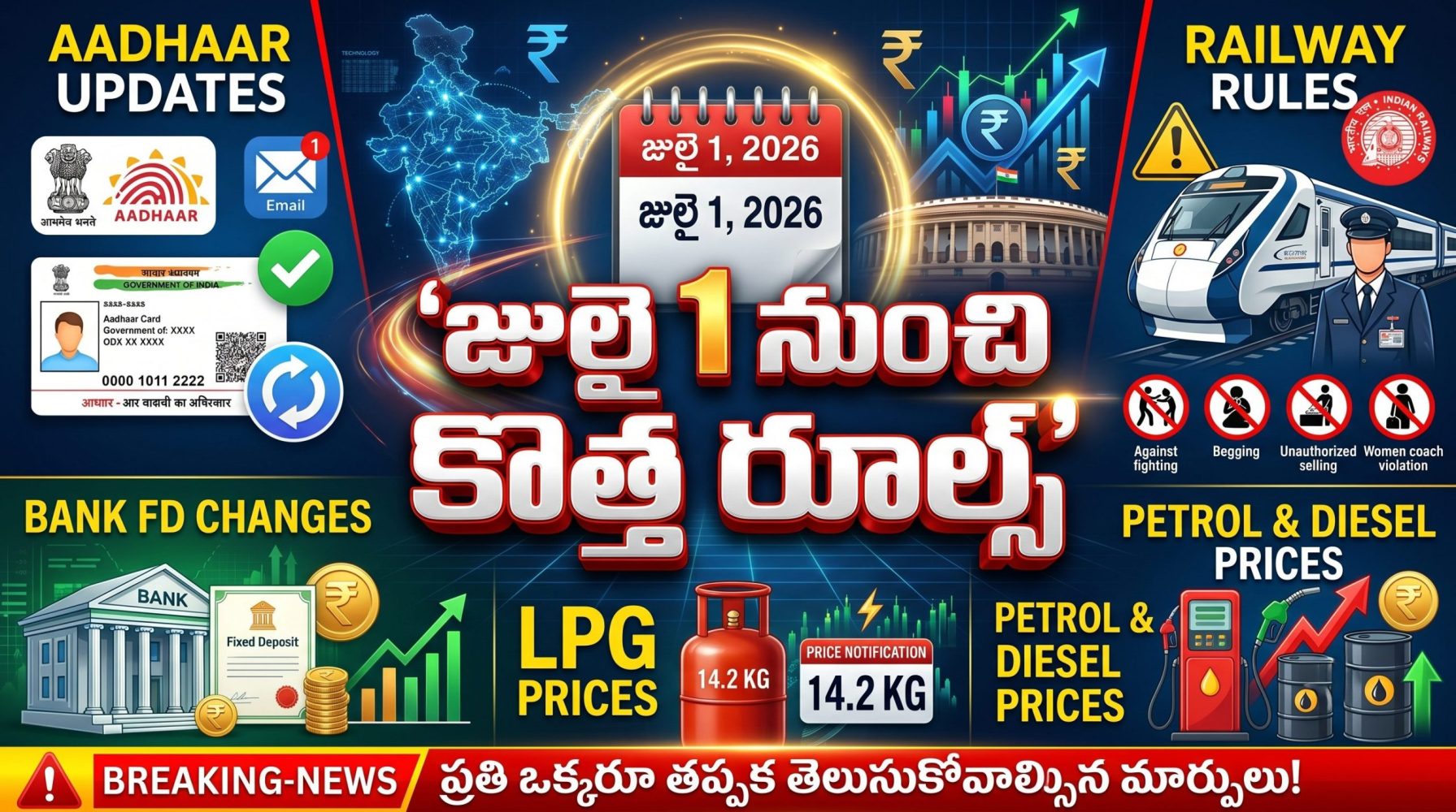 జులై 1 నుంచి కొత్త రూల్స్.. ఆధార్ కార్డు నుంచి రైల్వేల వరకు.. అమల్లోకి రానున్న కీలక మార్పులు ఇవే! జులై 1 నుంచి కొత్త రూల్స్.. ఆధార్ కార్డు నుంచి రైల్వేల వరకు.. అమల్లోకి రానున్న కీలక మార్పులు ఇవే!