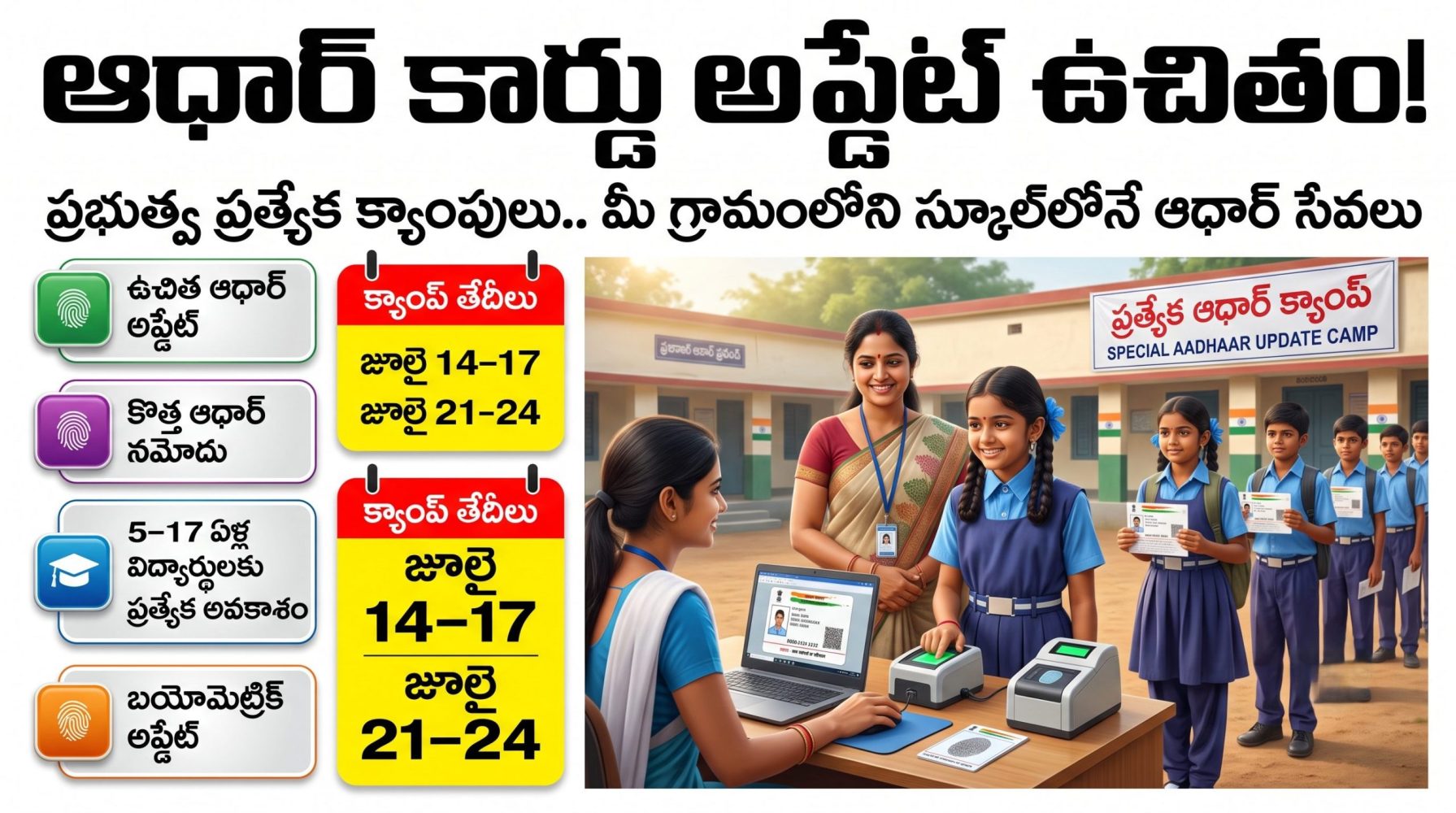 AP Aadhaar Special Camps July 2026 : ఆధార్ కార్డు అప్డేట్ ఉచితం.. మీ గ్రామంలోని స్కూల్లోనే ఆధార్ సేవలు.. పూర్తి వివరాలు AP Aadhaar Special Camps July 2026 : ఆధార్ కార్డు అప్డేట్ ఉచితం.. మీ గ్రామంలోని స్కూల్లోనే ఆధార్ సేవలు.. పూర్తి వివరాలు