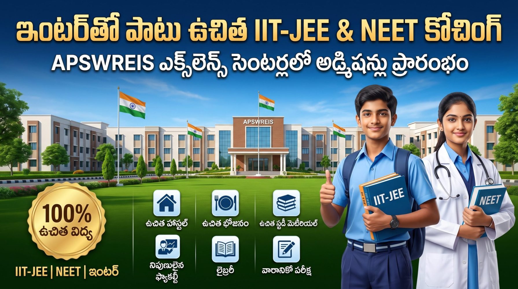 AP Free IIT-JEE & NEET Coaching 2026: ఇంటర్తో పాటు ఉచిత కోచింగ్.. హాస్టల్, భోజనం ఫ్రీ.. APSWREIS ఎక్స్లెన్స్ సెంటర్లలో అడ్మిషన్లకు దరఖాస్తులు ప్రారంభం AP Free IIT-JEE & NEET Coaching 2026: ఇంటర్తో పాటు ఉచిత కోచింగ్.. హాస్టల్, భోజనం ఫ్రీ.. APSWREIS ఎక్స్లెన్స్ సెంటర్లలో అడ్మిషన్లకు దరఖాస్తులు ప్రారంభం