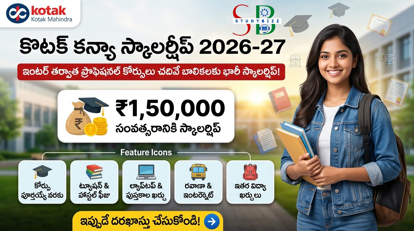 Kotak Kanya Scholarship 2026-27: ఇంటర్ పూర్తి చేసిన ప్రతిభావంతులైన బాలికలకు ప్రతి ఏడాది రూ.1.5 లక్షల స్కాలర్షిప్ – అర్హతలు, చివరి తేదీ, Apply Online పూర్తి వివరాలు