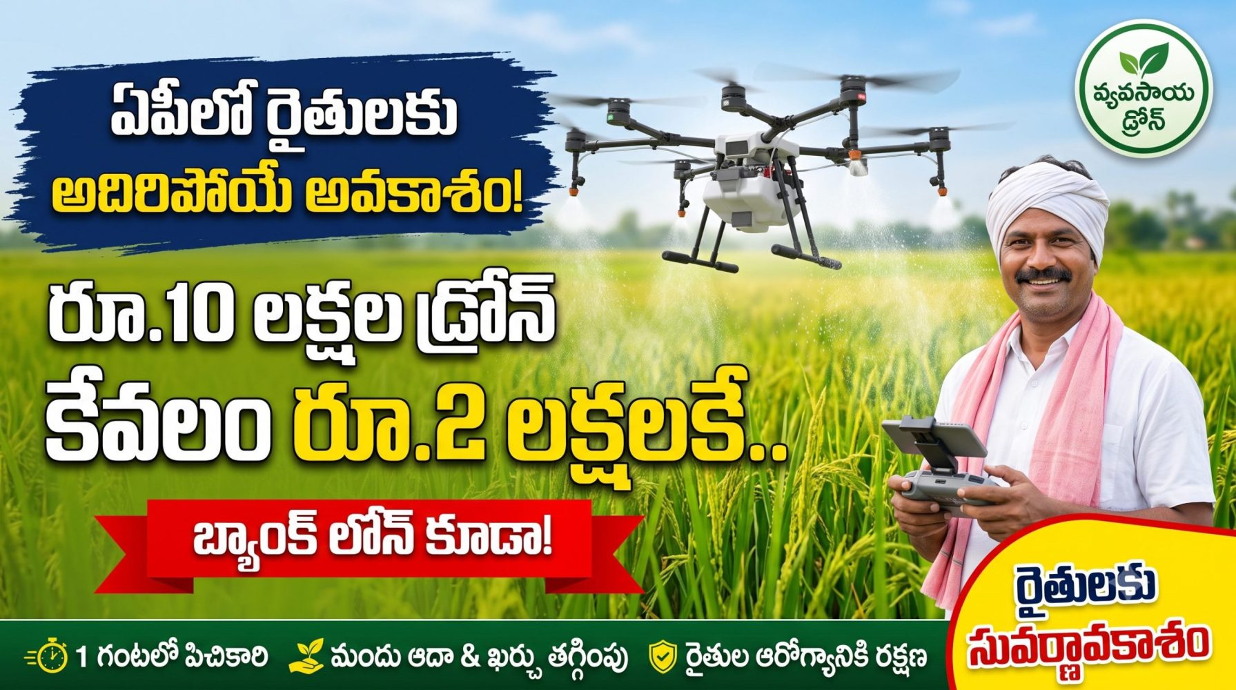 ఏపీలో రైతులకు భారీ శుభవార్త: రూ.10 లక్షల వ్యవసాయ డ్రోన్ కేవలం రూ.2 లక్షలకే.. బ్యాంక్ లోన్ కూడా! ఏపీలో రైతులకు భారీ శుభవార్త: రూ.10 లక్షల వ్యవసాయ డ్రోన్ కేవలం రూ.2 లక్షలకే.. బ్యాంక్ లోన్ కూడా!