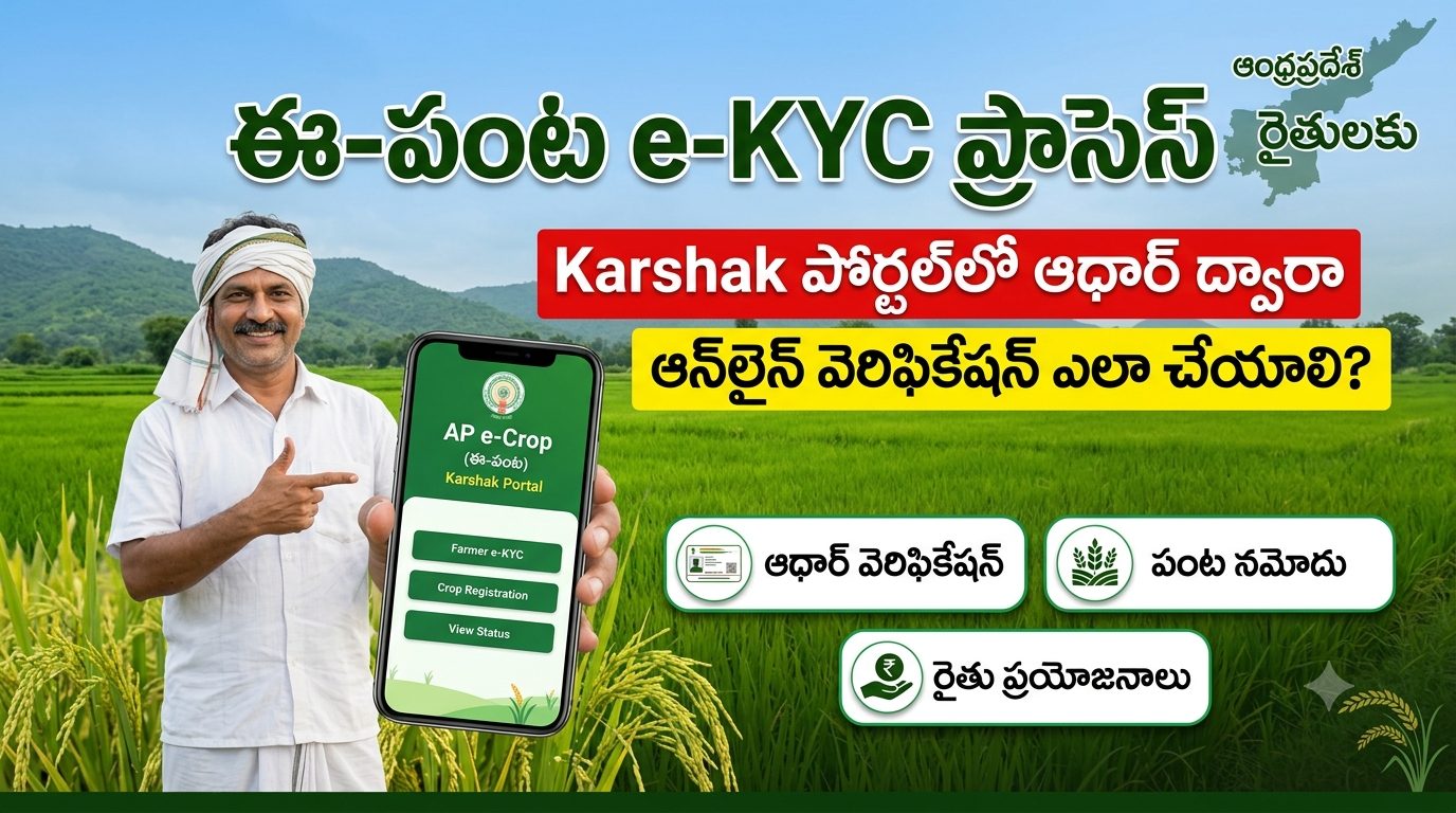 ఈ-పంట e-KYC ప్రాసెస్: Karshak పోర్టల్లో ఆధార్ ద్వారా ఆన్లైన్ వెరిఫికేషన్ ఎలా చేయాలి? ఈ-పంట e-KYC ప్రాసెస్: Karshak పోర్టల్లో ఆధార్ ద్వారా ఆన్లైన్ వెరిఫికేషన్ ఎలా చేయాలి?