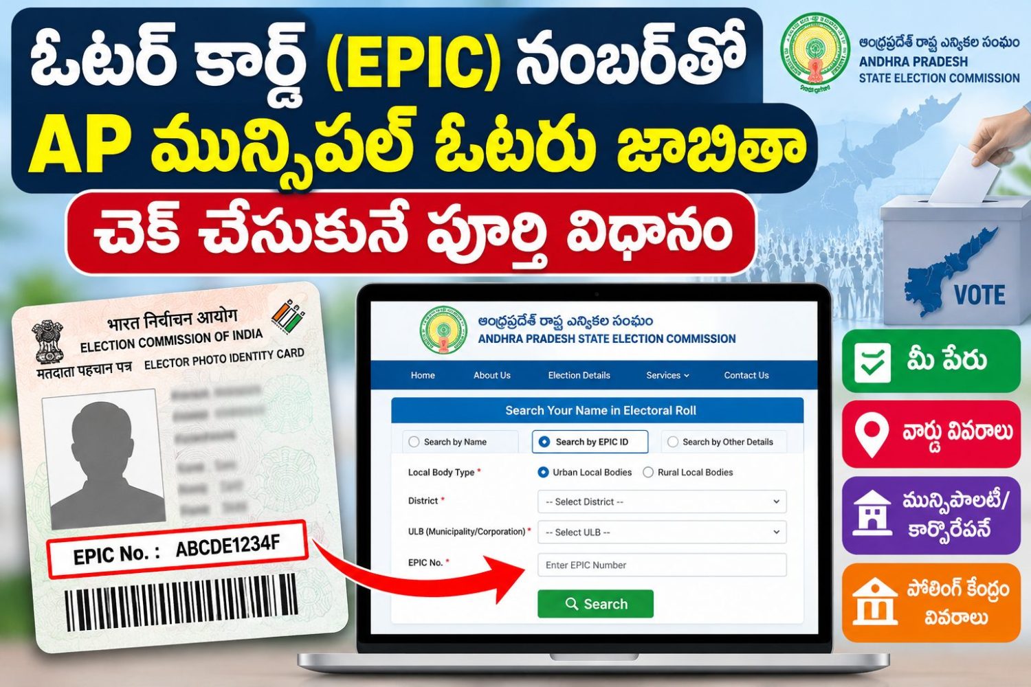 ఓటర్ కార్డ్ (EPIC) నంబర్తో AP మున్సిపల్ ఓటరు జాబితా 2026 చెక్ చేసుకునే పూర్తి విధానం ఓటర్ కార్డ్ (EPIC) నంబర్తో AP మున్సిపల్ ఓటరు జాబితా 2026 చెక్ చేసుకునే పూర్తి విధానం